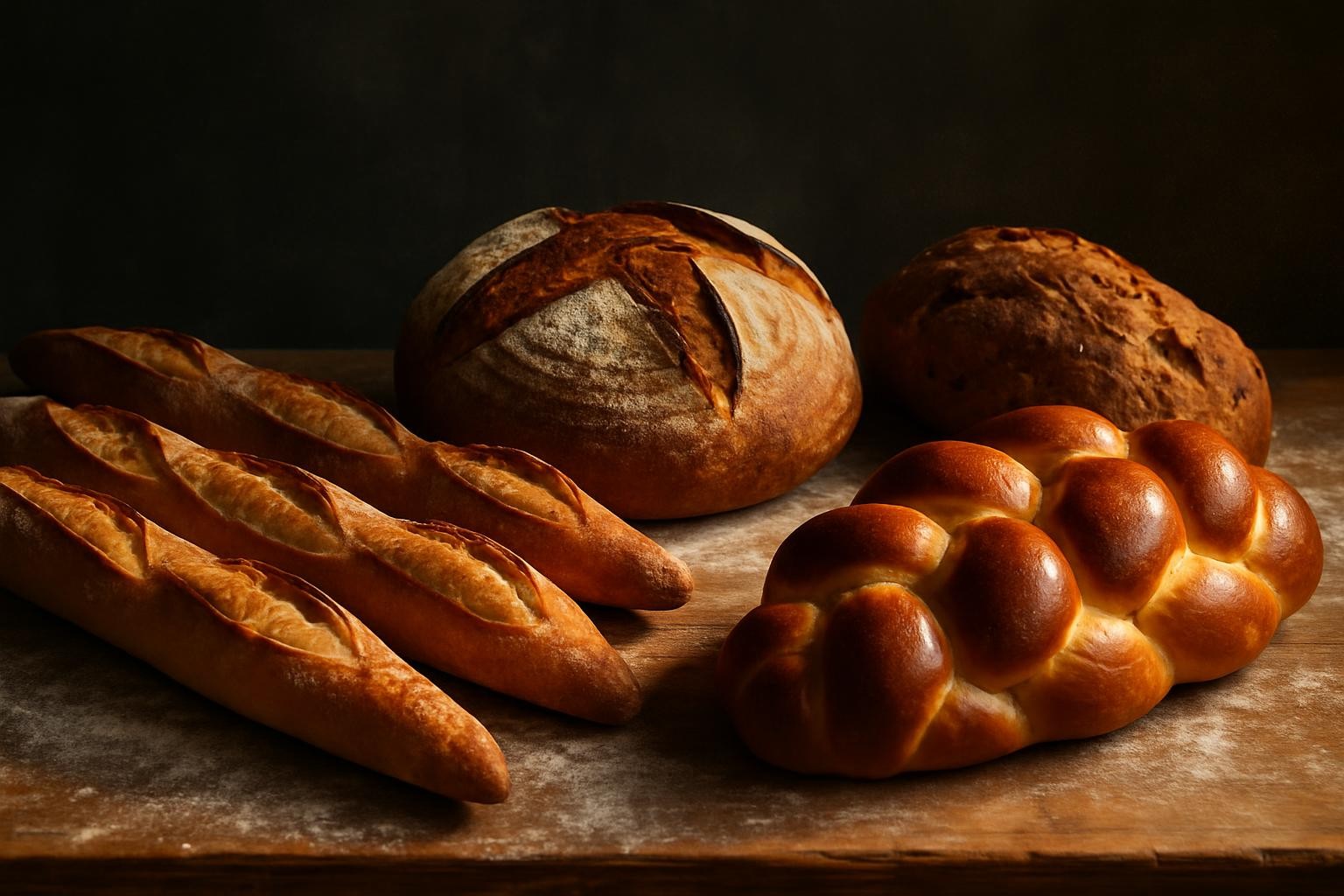 Rustic loaves cooling on a wooden bench