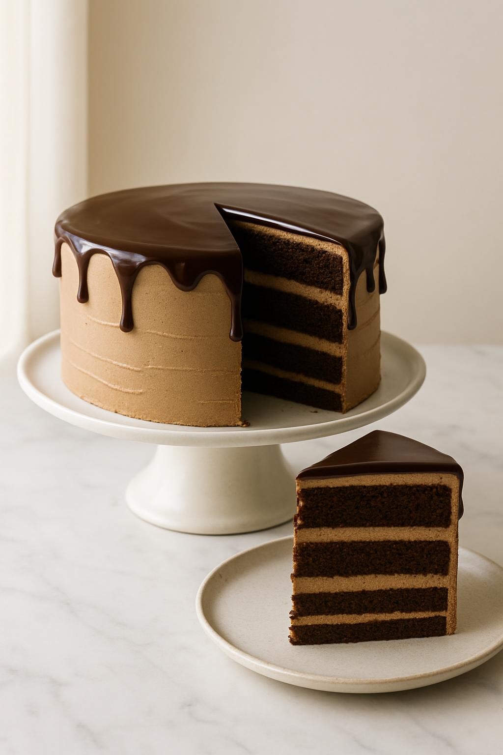 A Moka layer cake finished with mocha buttercream