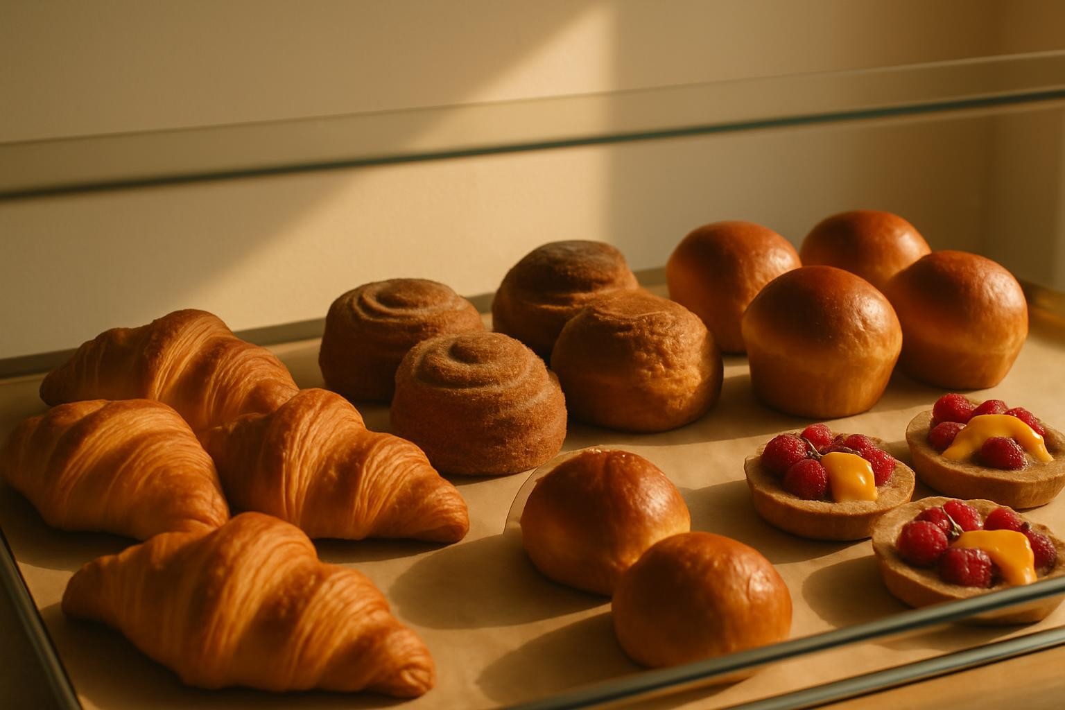 A bakery case of croissants, morning buns, and tarts in early morning light
